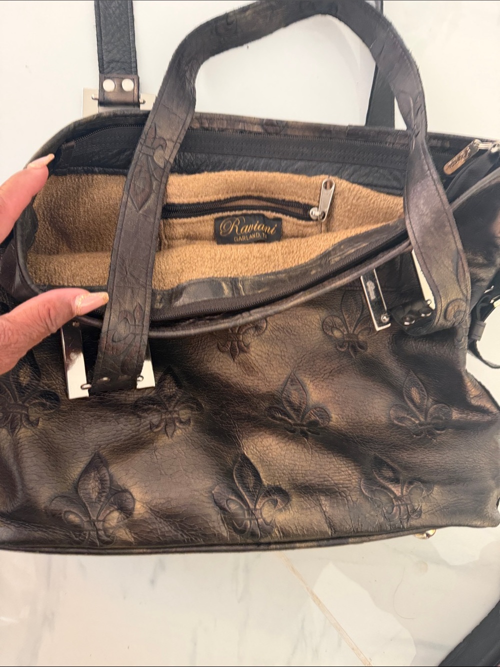 Raviani Black Embossed Satchel with Fleur-de-Lis Detail
